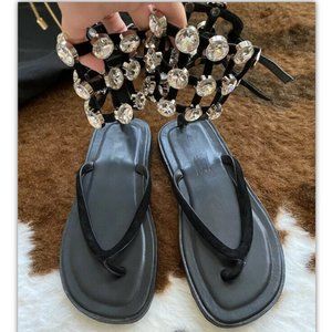 Designer Inspired Aubrey Crystal Embellished Thong Caged Cuff Sandals